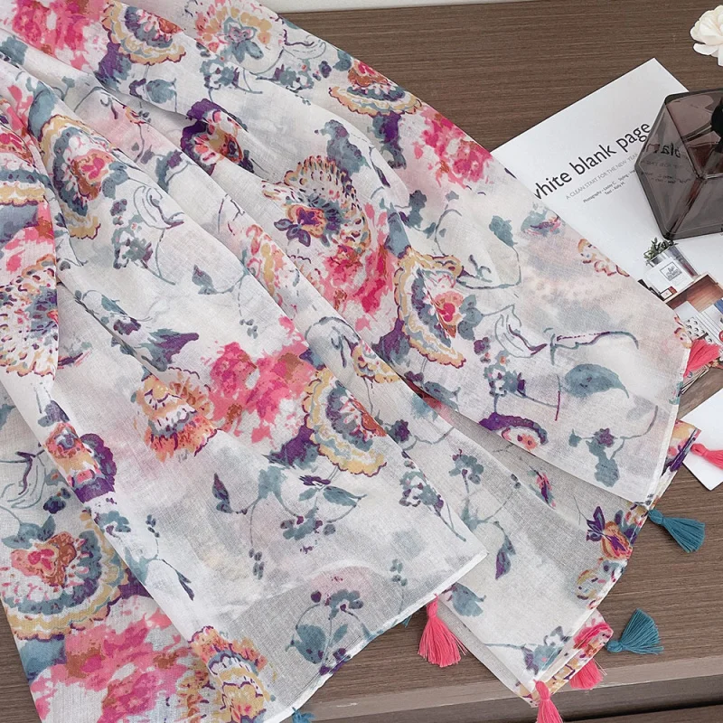 

Women's scarf with ethnic style and tassels, cotton-linen printed shawl summer travel and vacation, outerwear