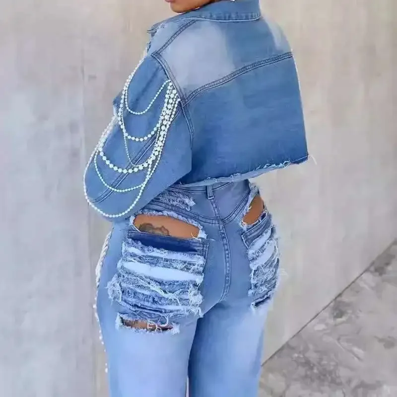 Autumn New Fashion Women's Pearl Chain Handmade Bead Denim Jacket Single-breasted Short Coat Female Trendy