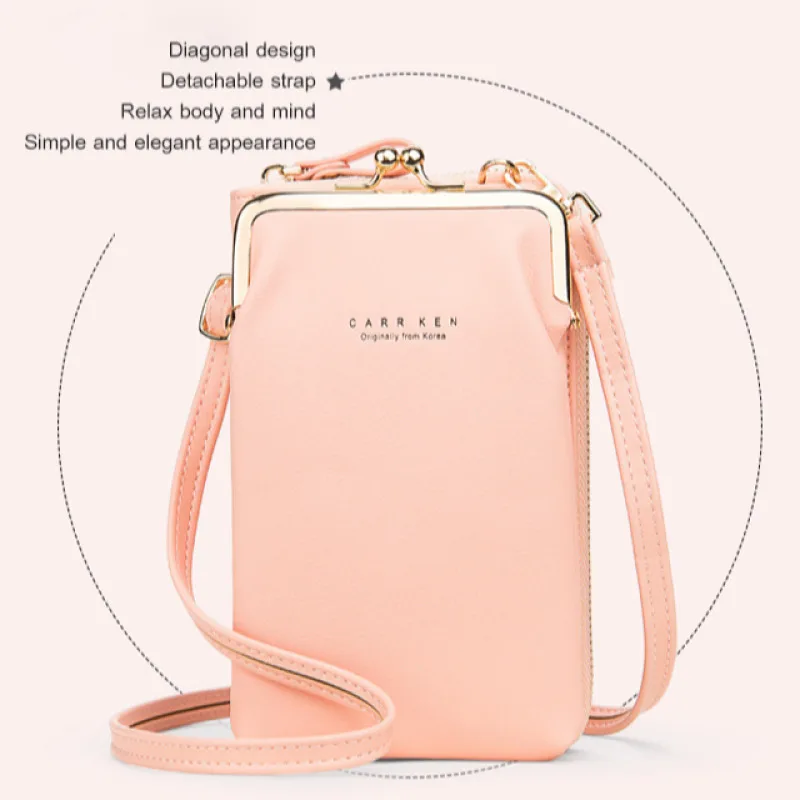 New CarrKen Women\'s Cell Phone Bag Wallet Korean Fashion Lychee Pattern Pure Color Slant Cross Bag Multifunctional Bags