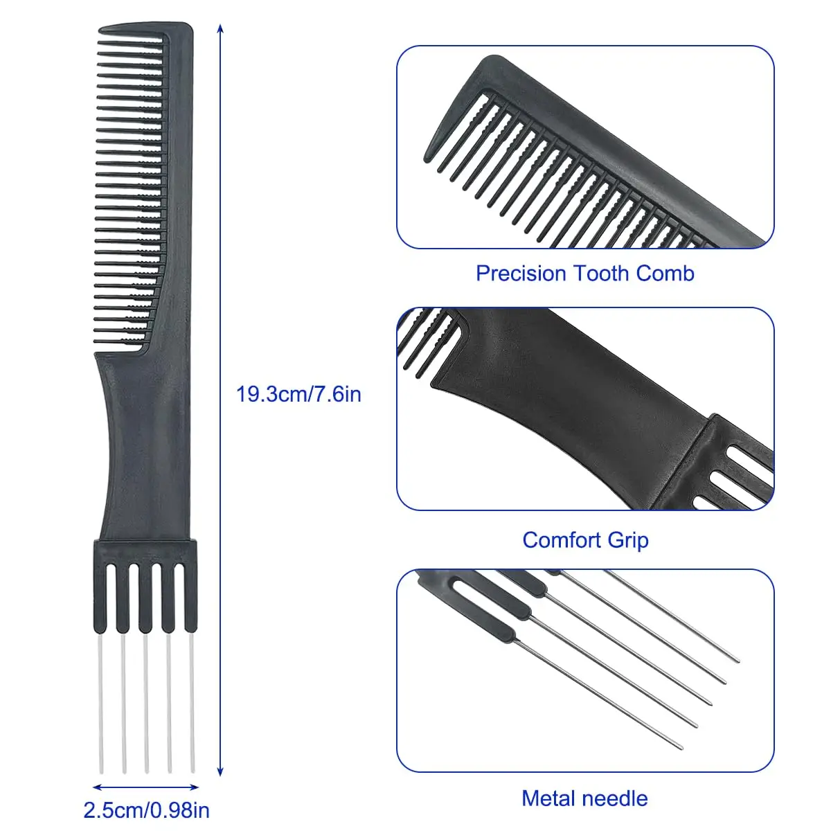 1/2/3/5 แพ็คคาร์บอนยกหวีล้อด้วยง่ามโลหะ, หวีเลือกผมสําหรับผู้หญิงจัดแต่งทรงผม (สีดํา)