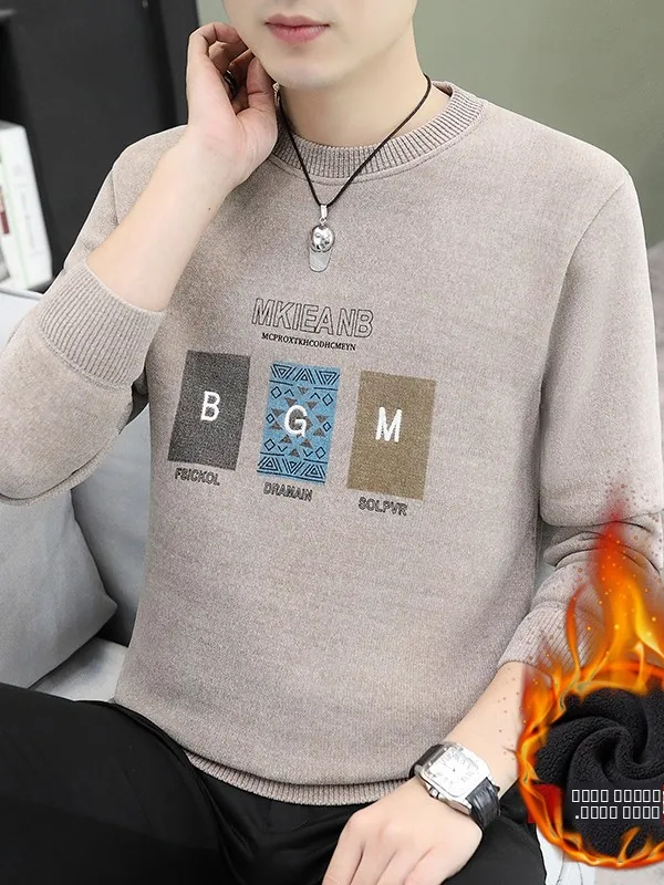 

Men's round Ne Knitted Sweater Thiened Fce Winter Warm Embroidered Letter Pattern Knit Base irt Casual Sle Polyest...
