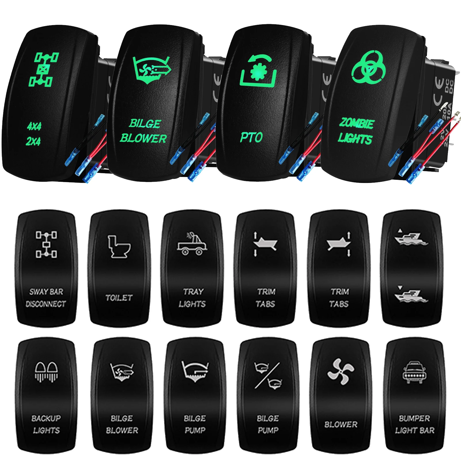 12V/24V Green LED Rocker Switch Waterproof 20A Marine Grade For Car Boat ATV Jeep Polaris Truck Winch Light Bar 4x4 RV Machinery