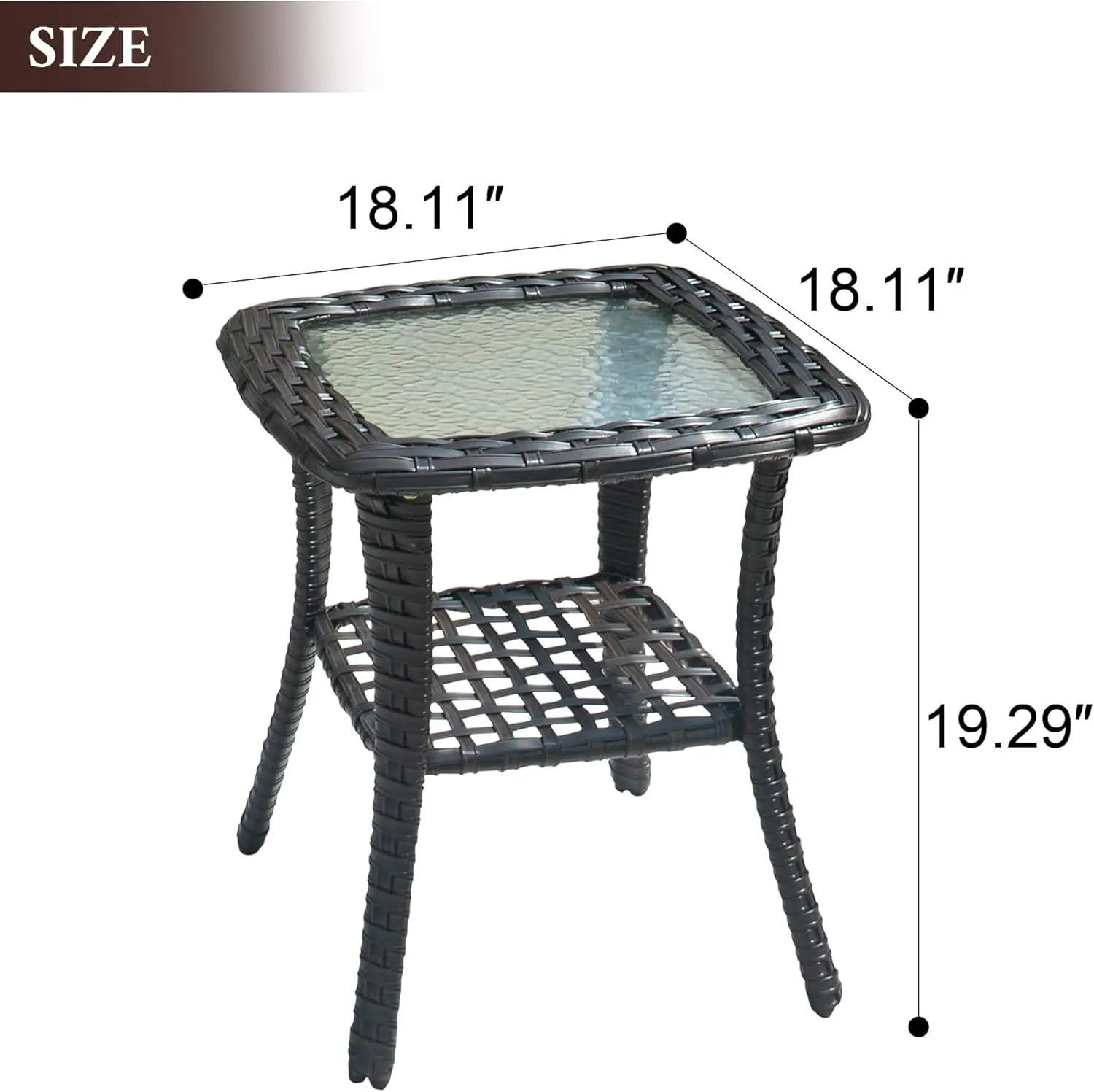 Ovios Outdoor Side Table With Tempered Glass Top, Patio Wicker Rattan Coffee Table With 2 Tiers Storage, Bistro End Table For