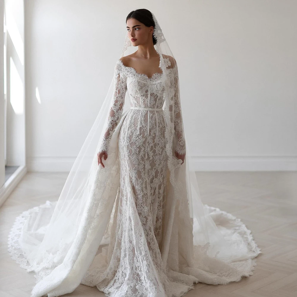 

Lace Wedding Dresses Off Shoulder Long Sleeve Mermaid Luxury Bride Dress Detachable Train Bridal Gown Customized robe de mariée