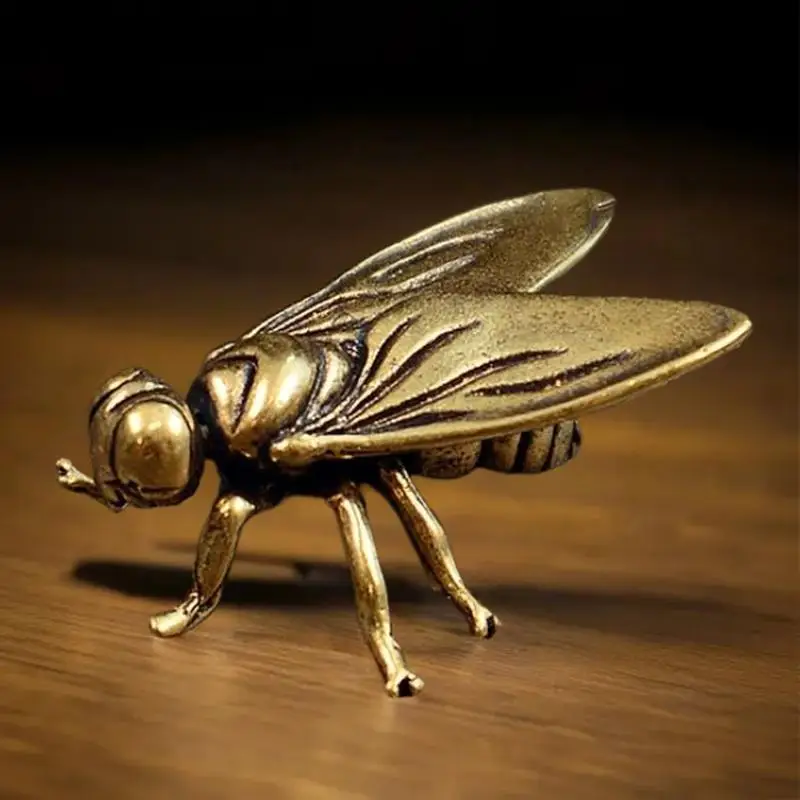 شكل ذبابة نحاسي صغير، زخرفة حشرة معدنية لديكور المكاتب المنزلية، منحوتة حيوانات مصغرة حرفية قديمة