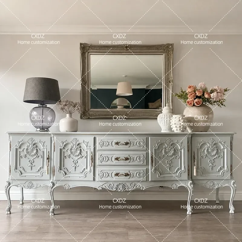 Solid Wood Antique Carved Country Side Cabinet Luxury White Old Ash Wood Decorative Storage Console Table for Living Room