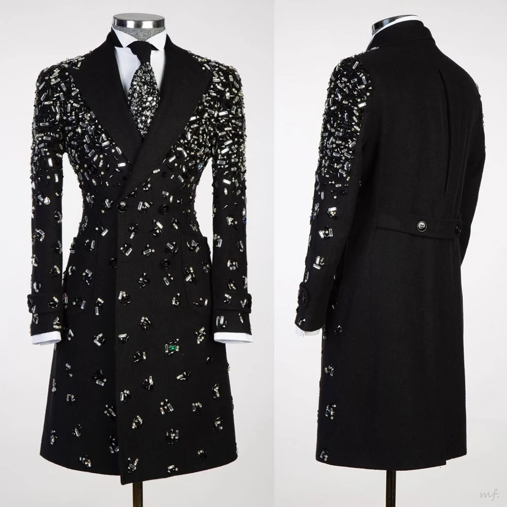 Męska, długa kurtka z wełny z ciężkimi zdobieniami, dwurzędowa, zimowa, z klapami w szpic, gruby płaszcz, szyta na miarę.