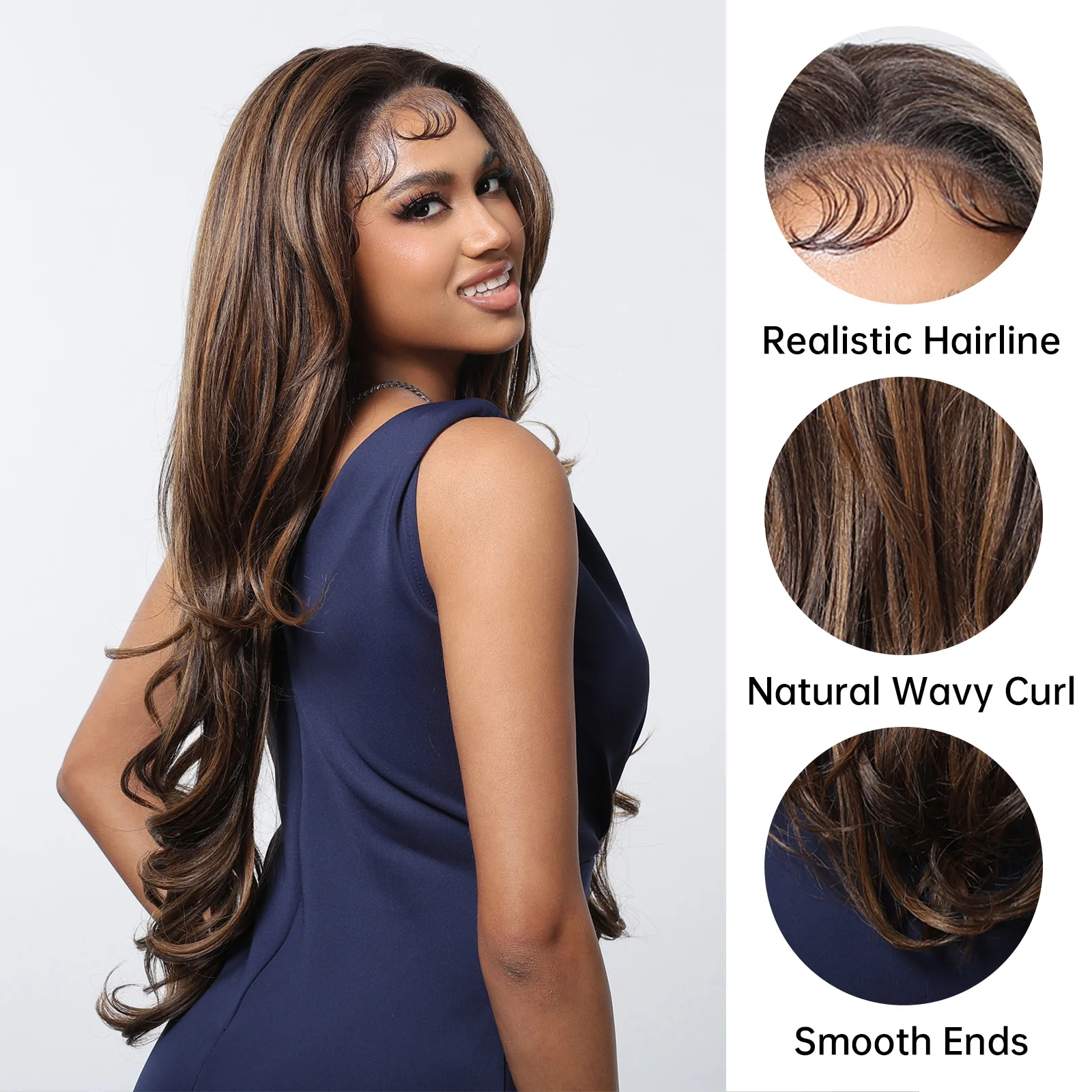 ALAN EATON 13*6 Synthetic Lace Wigs Dark Brown Highlight Wig for Women Natural Looking Lace Front Wig with Baby Hair Daily Party image 4