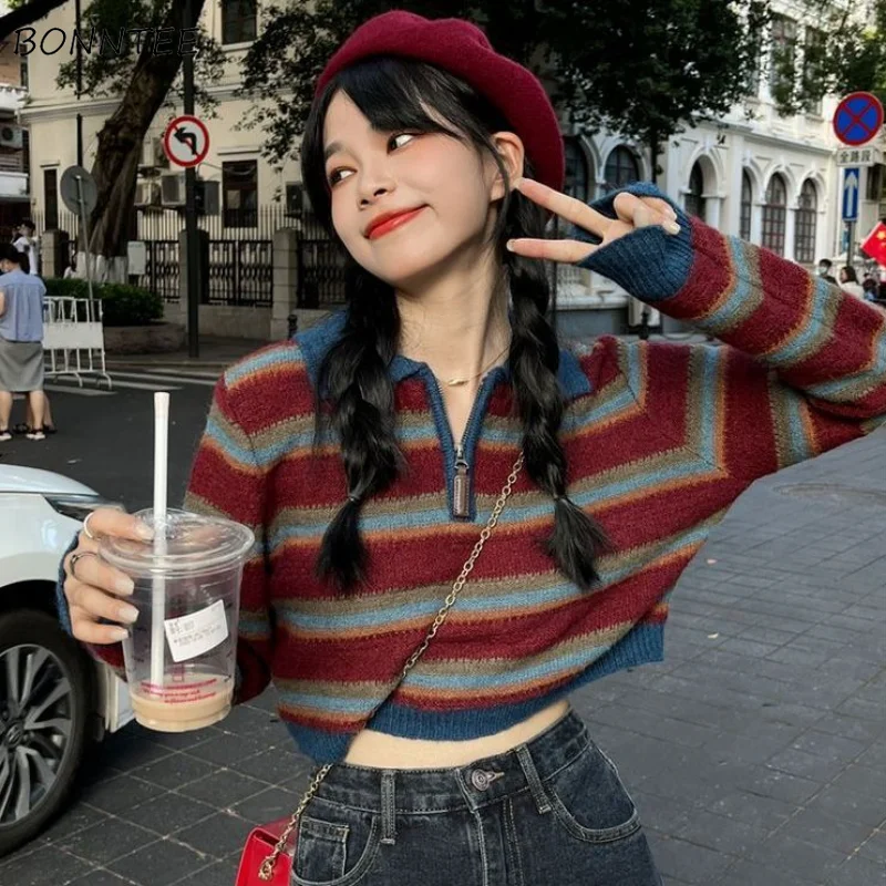 Pullovers Women Striped Students Kawaii Retro Daily Loose Designer Autumn Cozy Sweater Casual Korean Style Sweet Girlish Simple