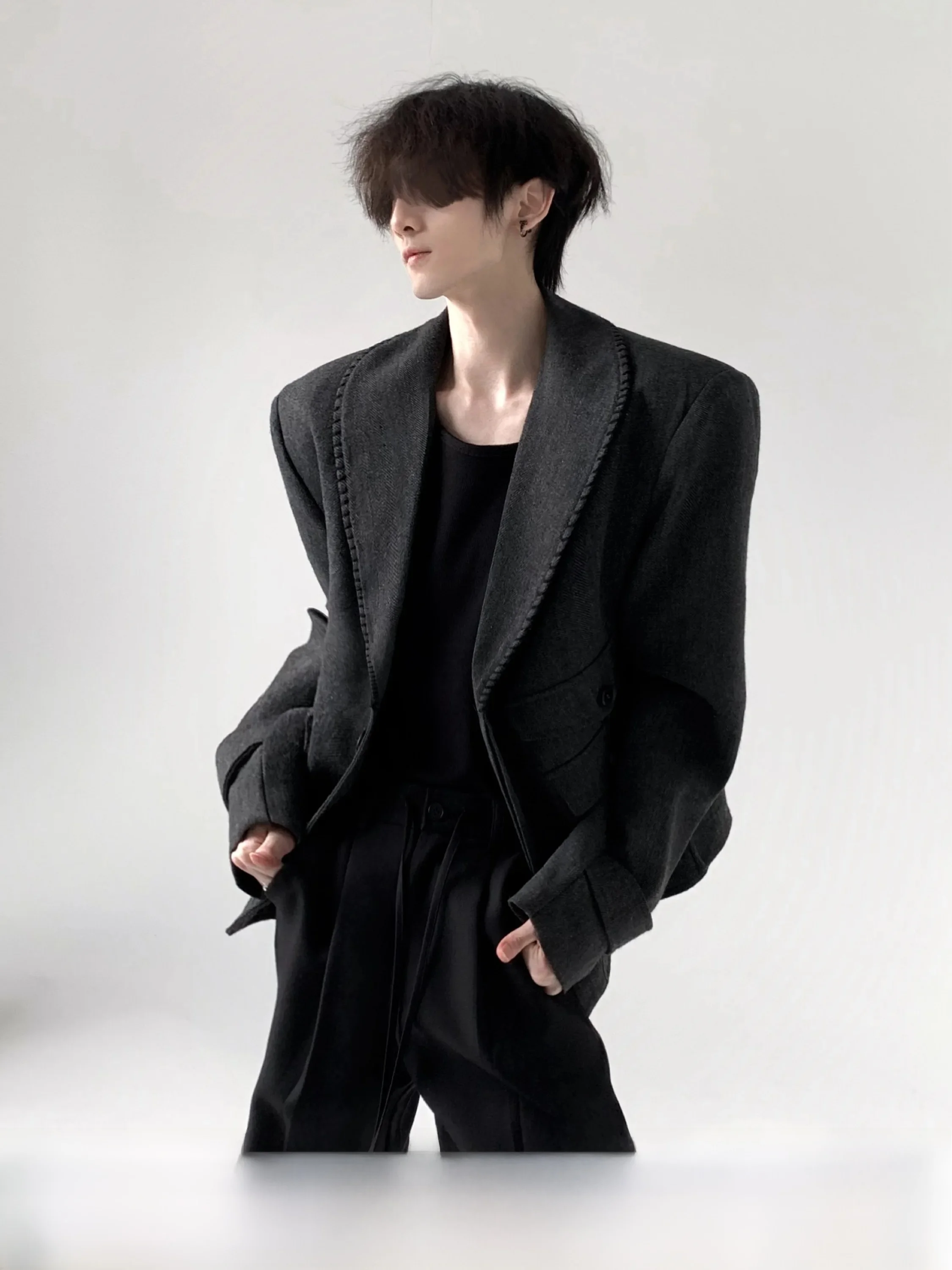 Gray Woolen Coat Men's High Intelligence Texture Design Autumn Mountain Wind Handmade Sewing Anti-Wind Short Coat Jacket