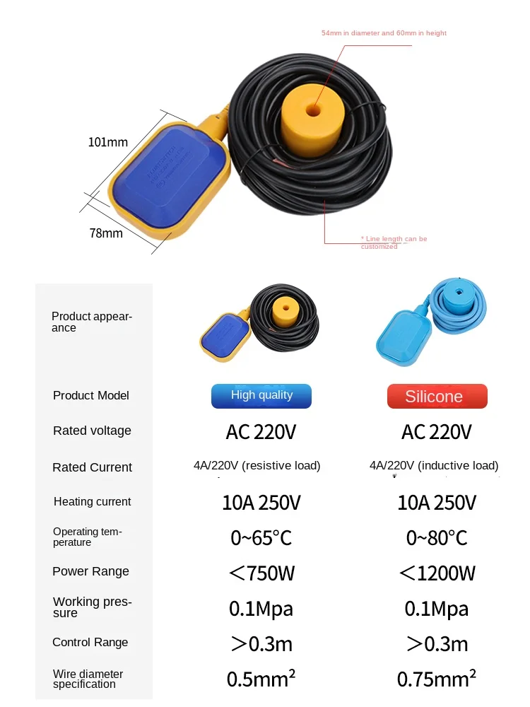 Square float switch water tower water level sensor Automatic water controller relay 8 meters liquid level sensor switch