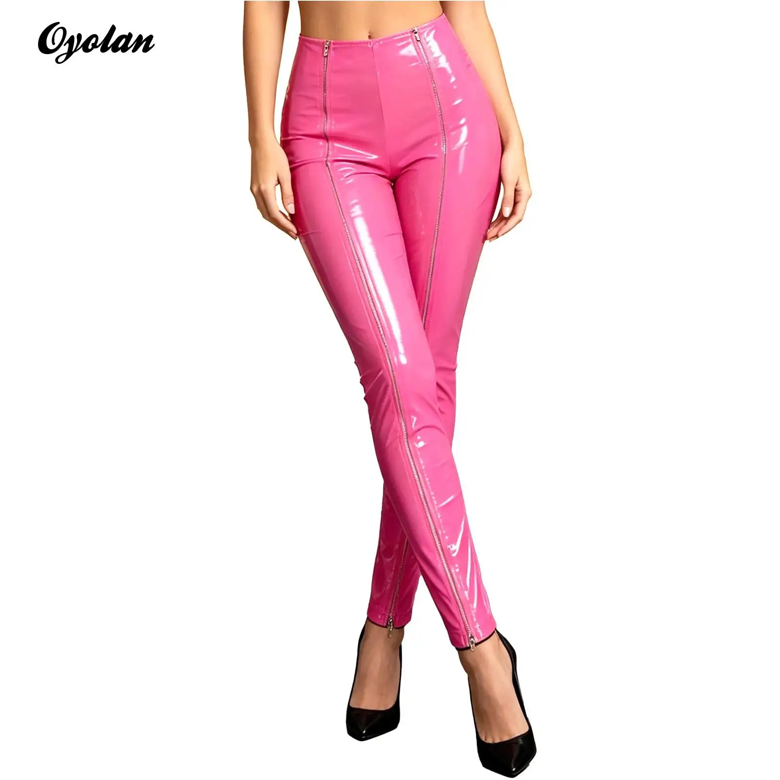 Women Patent Leather Front Zippers Pants High Waist Wet Look Leggings Multi Zipper Slim‑Fit Glossy PU Nightclub Costume Trousers