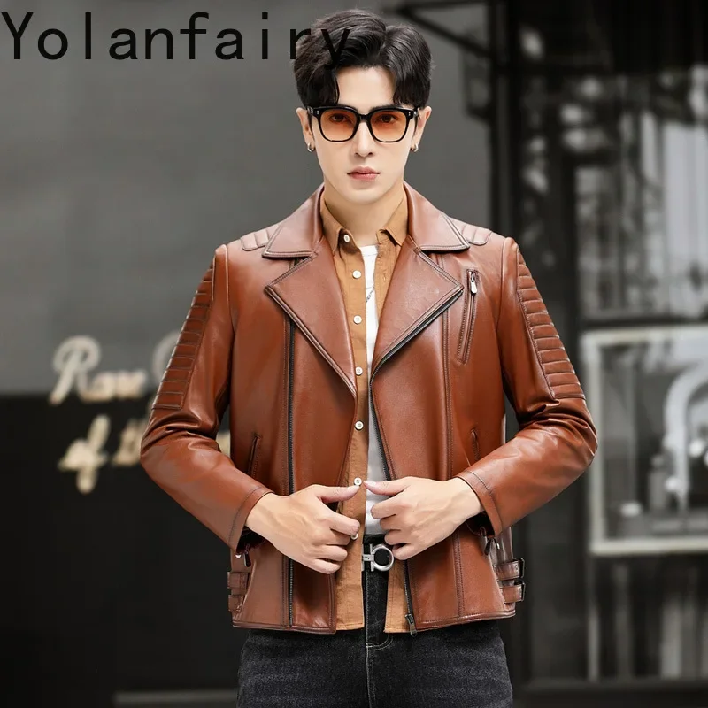 YOLANFAIRY  The First Layer Cowhide Leather Jacket Men Suit Collar Fashion Genuine Leather Coat Man Motorcycle Jackets chaquetas