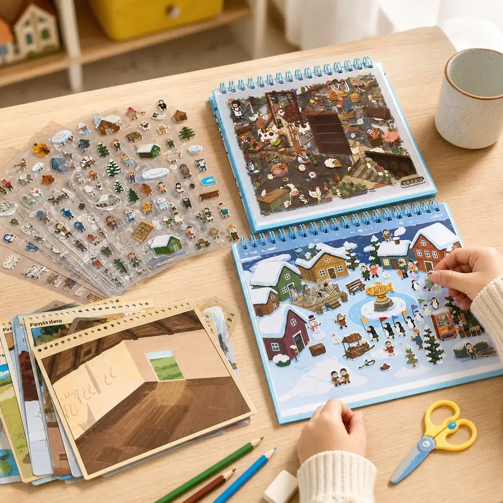 Kawaii Design 3D Scenery Stickers Pre Cut Stickers Repositionable Shop Scene Sticker Spiral Bound Cartoon Pattern