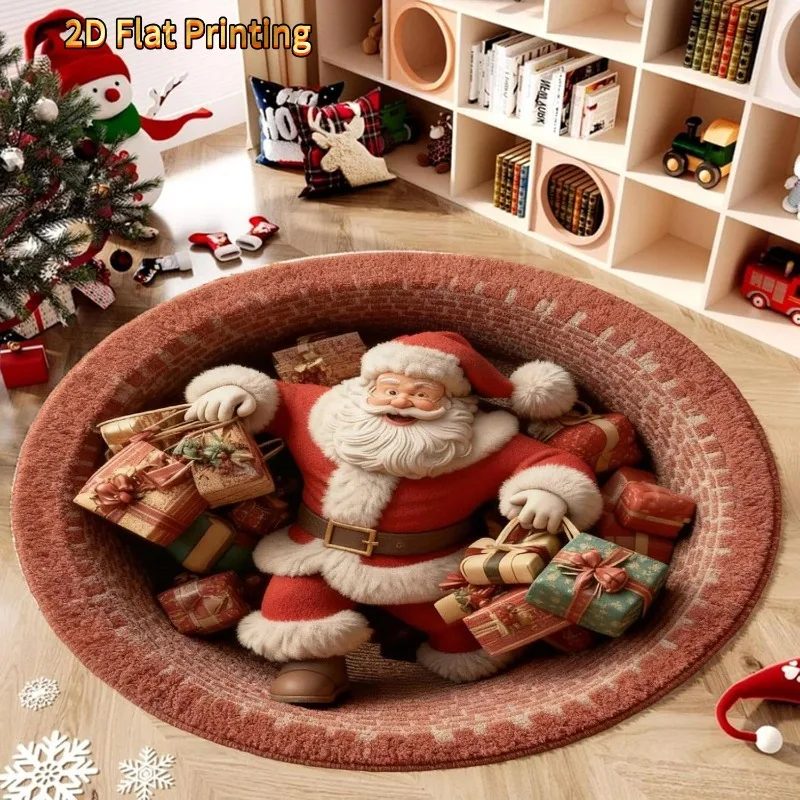 Circular Floor Mat 2D Flat Printing 3D Illusion Santa Claus Rug Flannel Soft Warm Present Box Knitted Basket Pattern