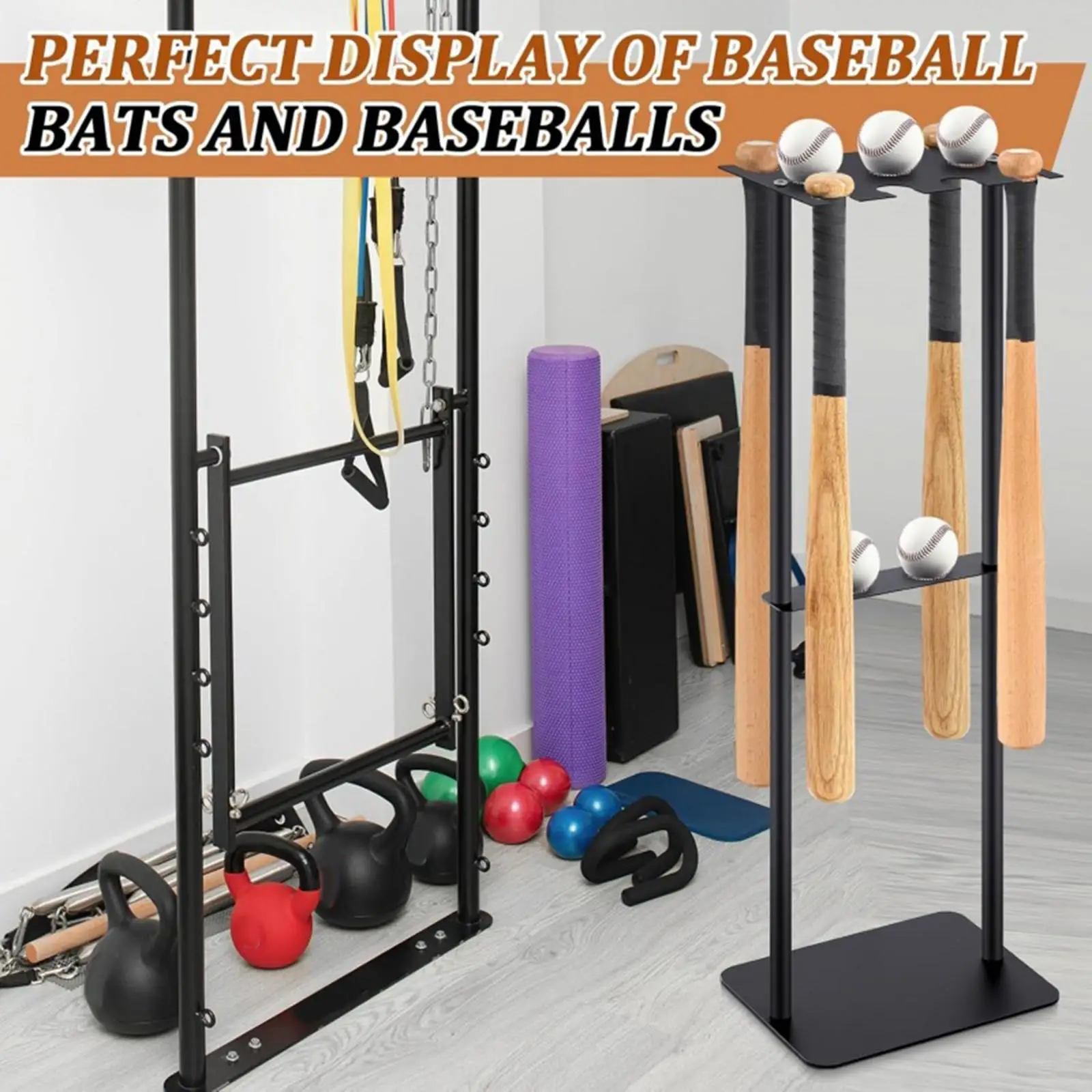 

Space Saving Baseball Bat Holder Stand Black Iron Display Rack for Eight Bats Five Balls Home Garage