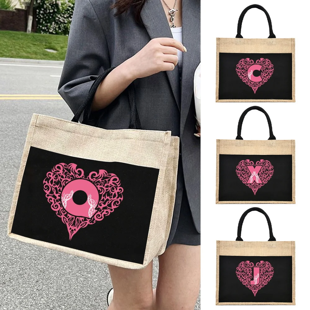 Jute Bag Women's Shopper Bags Canvas Tote Bags Love Letter Pattern Series Black Eco Portable Fashion Merch Shopping Bags