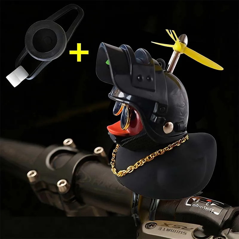 Niedliche Gummi-Ente Fahrradlenker-Dekoration mit Propellern, Brille, Goldkette, Schwarz-Gelbe Ente Fahrradhorn mit Riemen – Detail 12