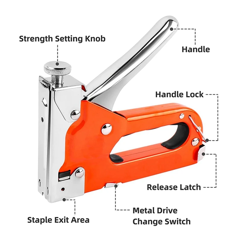 3-In-1 Stapler, +600 Nails For Wood, Handicrafts, Carpentry, Decorative DIY Orange Metal Tool