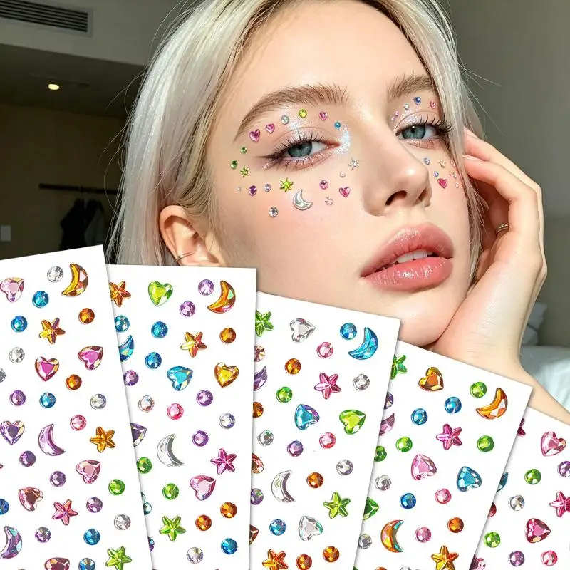 Face Gem Stickers Self Adhesive 1Pc Glitter Shiny Multiple Designs for Stage Prom Holiday Party Makeup