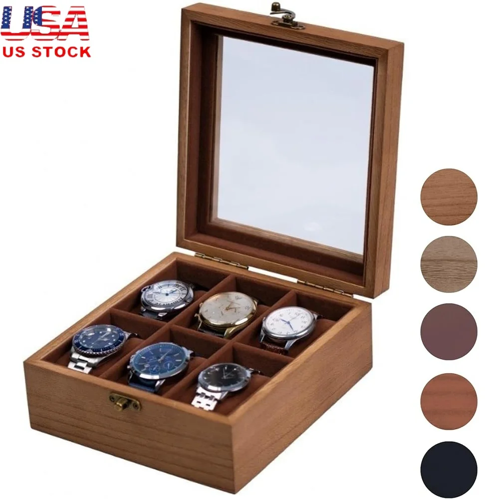 

Wooden Watch Box Organizer Storage Display Case Glass Lid Men Women Retro Multifunctional Lockable Watch Holder with 6 Slots