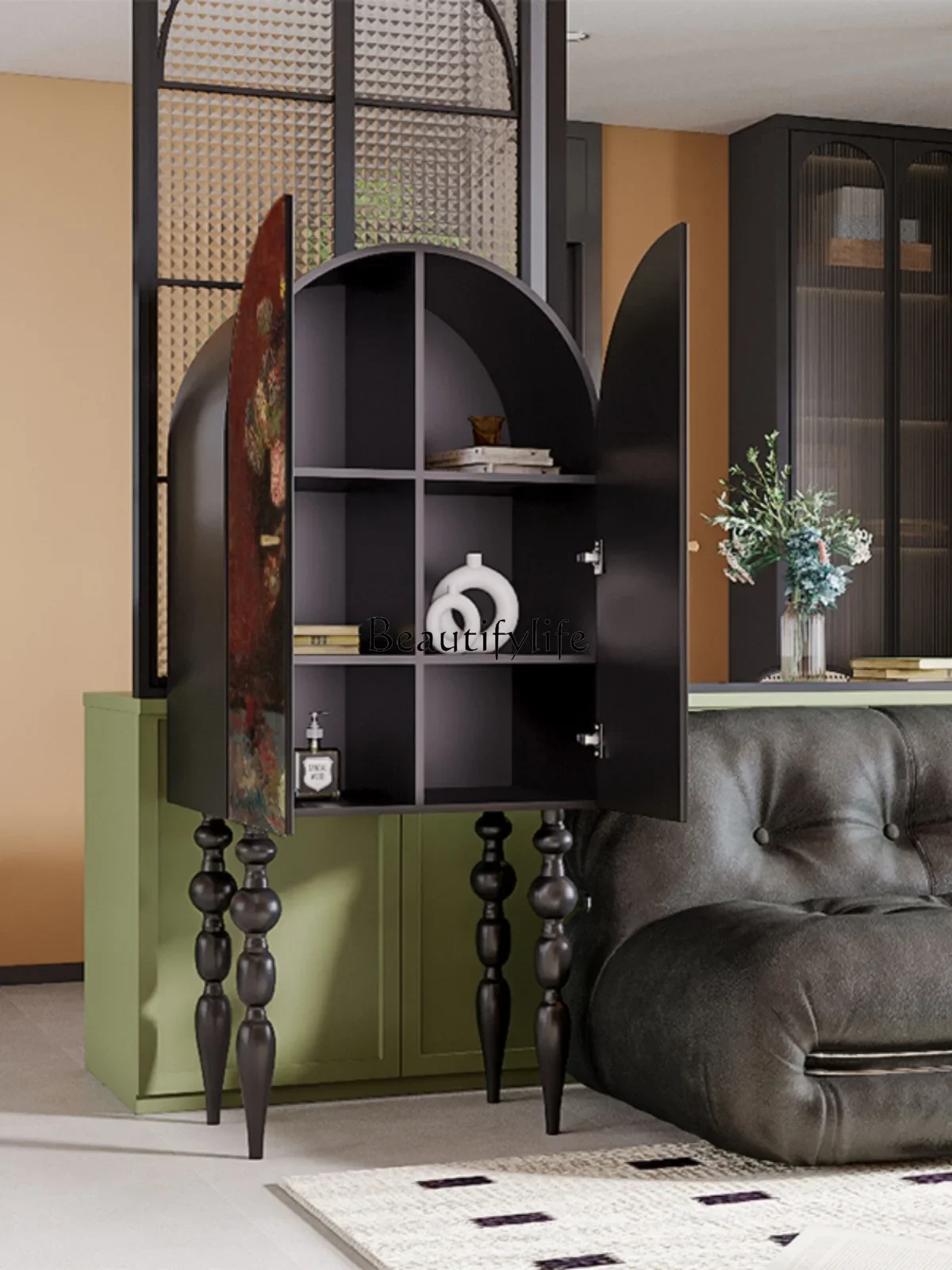Retro style oil painting art dining side cabinet household living room decoration removable tall cabinet