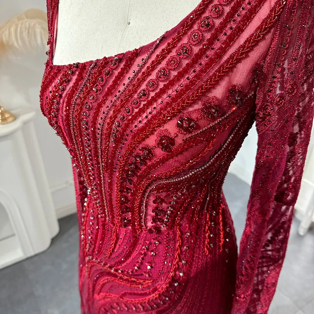 Elegant Burgundy Mermaid Evening Dresses with Long Sleeve Luxury Dubai Crystal Women Wedding Formal Party Gown LSZ146