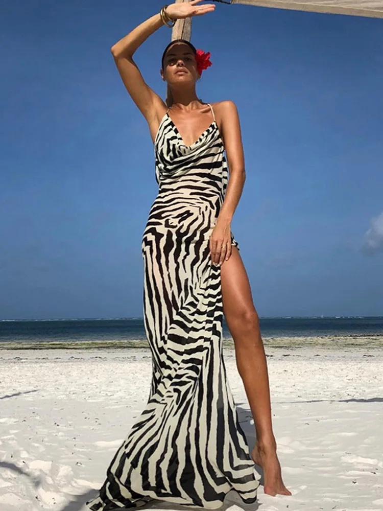 

2024 Sexy Spaghetti Strap Side Split Beach Dress Summer Sundress Women Clothes Elegant Zebra Back Open Club Party Dresses