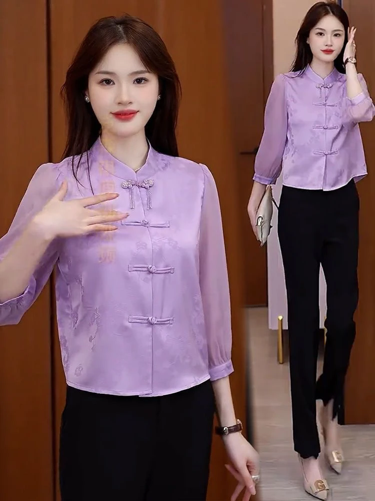 

New Chinese Style Women's Shirt with Button Design Slimming Fashionable Retro Spring 2025 Collar Stand-Up Sleeve Seven-Quarter