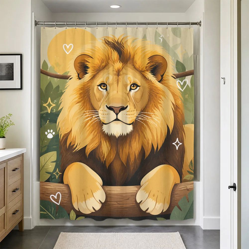 Waterproof Lion Shower Curtain Jungle Animal Print Safari Bathroom Decor Curtain Panel Tropical Wildlife Accent Liner
