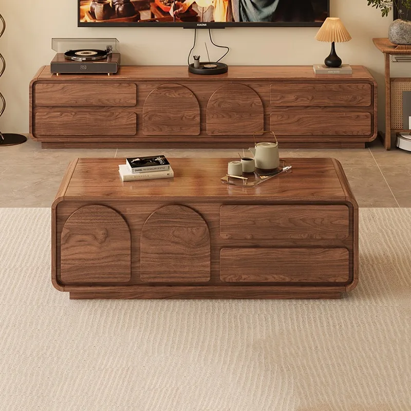 

Walnut Wooden Tv Stand Rounded Corner Storage Floor Standing Chest Solid Living Room Tv Cabinet Retro Decoration Home Furniture