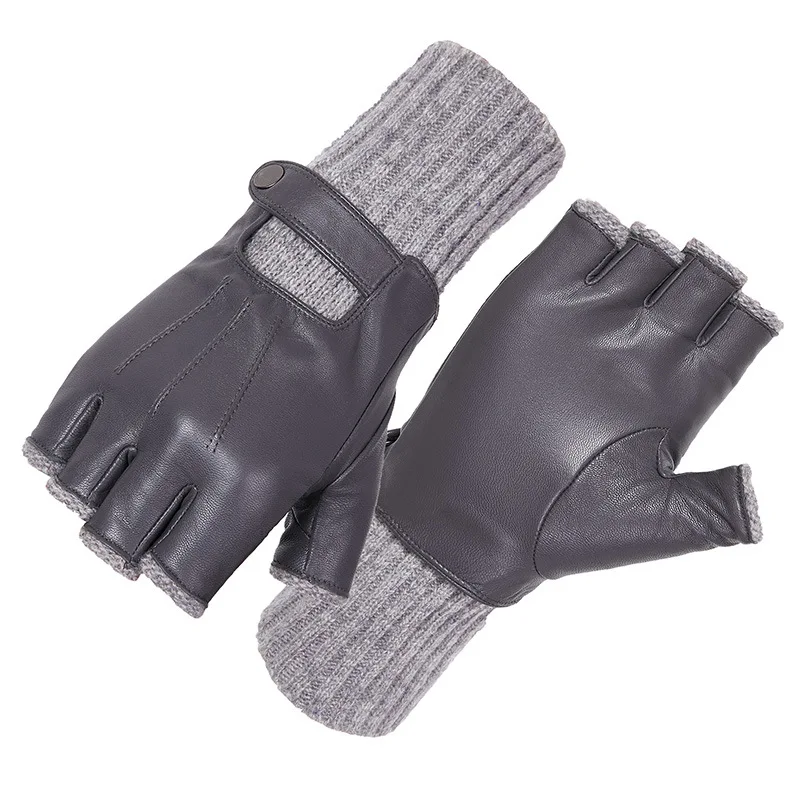 Men's Semi-Finger Real Leather Gloves Autumn Winter Thermal Goatskin Knitted Wool Wrist Fingerless Driving Gloves R-516