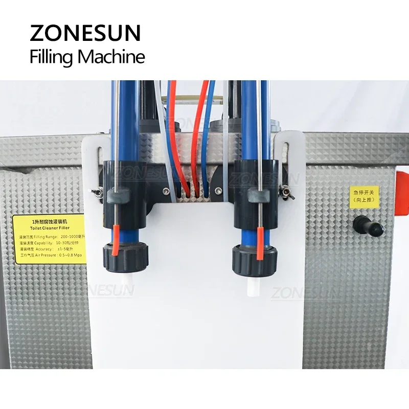 ZONESUN Pneumatic Liquid Filling Machine Semi-auto Double Heads Corrosive Bottle Filler for alcohol Toilet Cleaner Disinfectant