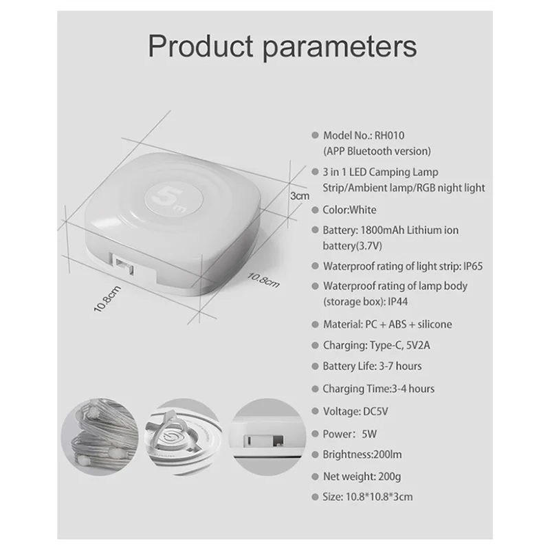 AT63-Nachtlampje LED Night Light Smart APP RGB Luzes de corda de acampamento ao ar livre à prova d'água recarregável lâmpada de atmosfera de sala 5M