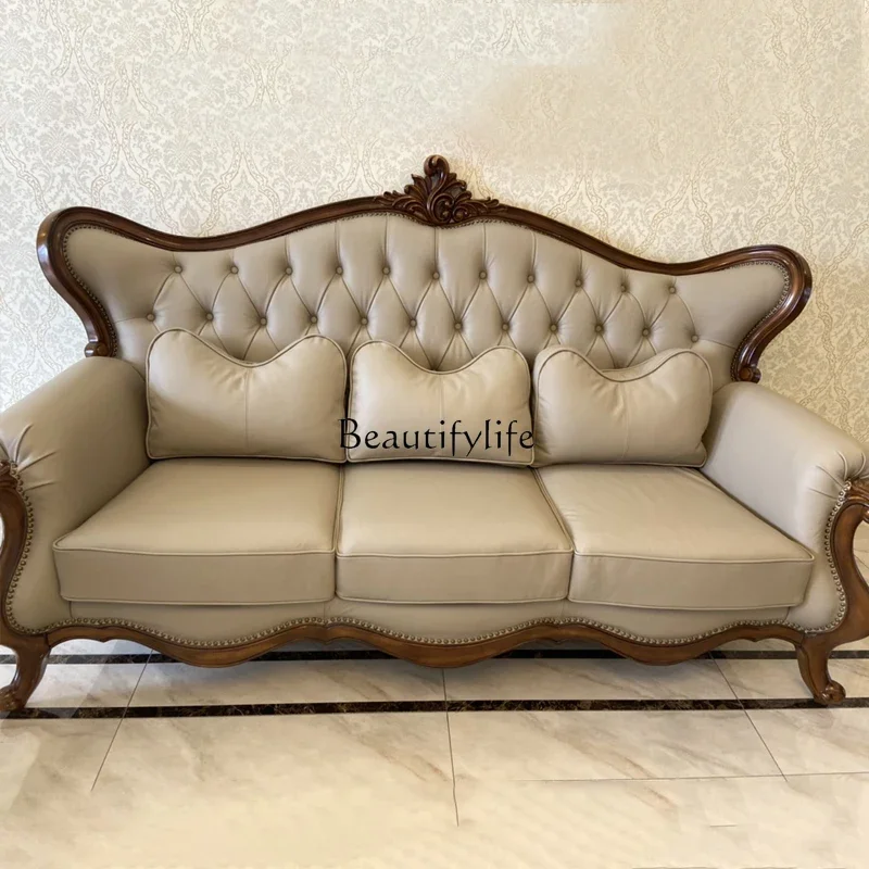 2 yj15 High-end Villa American Style Genuine Leather Sofa Living Room Household All Solid Wood European Style