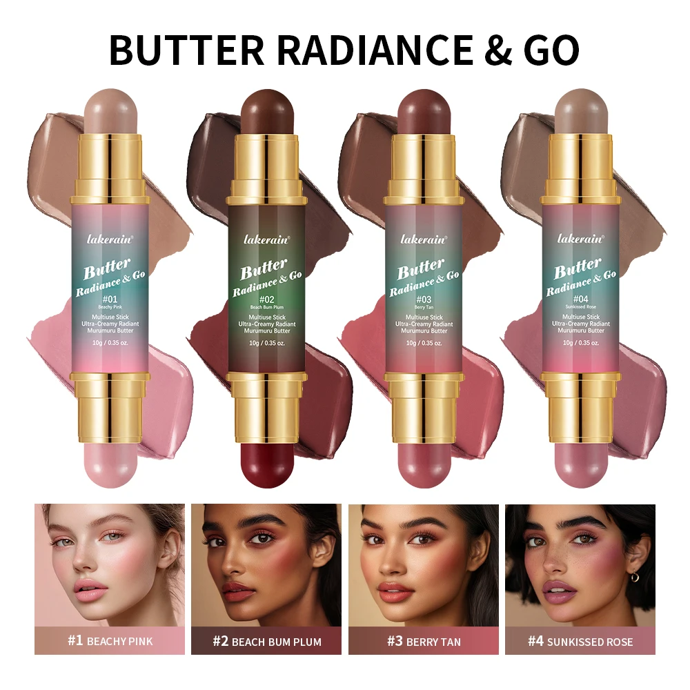 Lakerain Butter Glow & Go-palo de maquillaje multifuncional, contorno de ojos, labios y cara, resaltador de rubor sedoso de doble punta