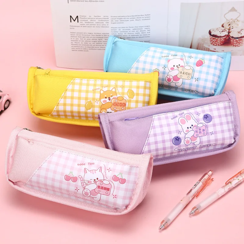 Cute Cartoon Pencil Bag Bunny Bear Cat Large Capacity Double-Layer Pen Bag Korean Stationery Bag Storage Box Back To School