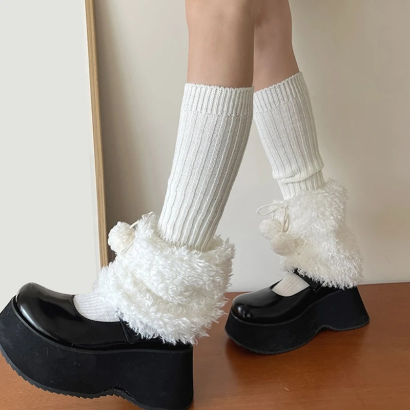 Bows Plush Furry Leg Warmers for Women Winter Knitted Patchwork Boot Toppers Fuzzy Boot Covers Warm Footless Socks