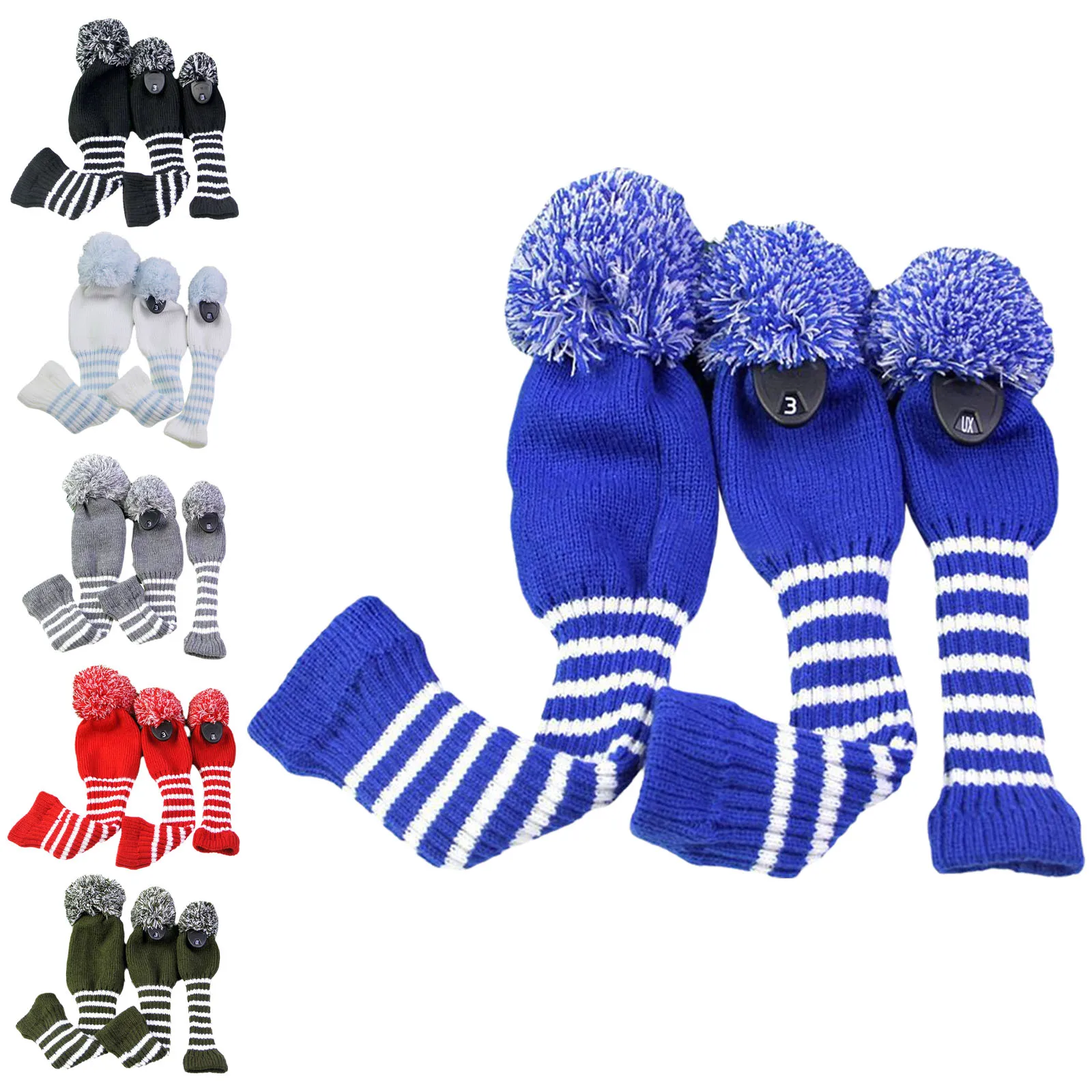 Seamless Golf Club Head Covers 3PCS Set - Knitted Striped Pattern Headcover for 1 3 Driver Fairways Hybrids UT