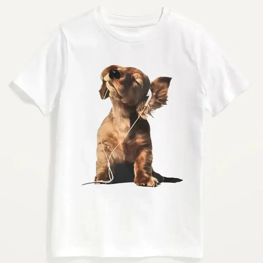 Men's Funny Dog With Headphones Cotton Tshirt - Medium Fitted Short Sleeve Crew Neck Top, Classic Fabric Casual Summer Tee, Shortsleeve, Menswear, Round Neck, Good Graphic Tees, Casual Fit