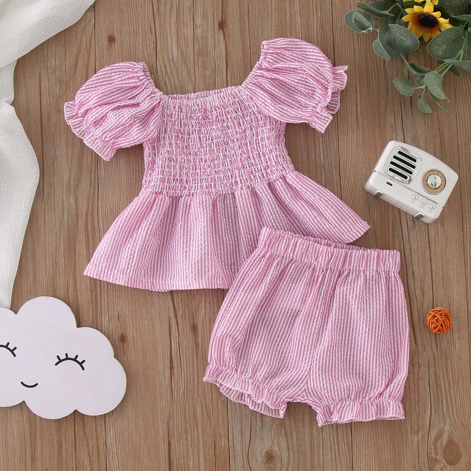 Toddler Infant Baby Girls Clothes Sets New Summer Short Sleeve Striped Prints Tops Shorts 2PCS Outfits For Girls 1 2 3 Years