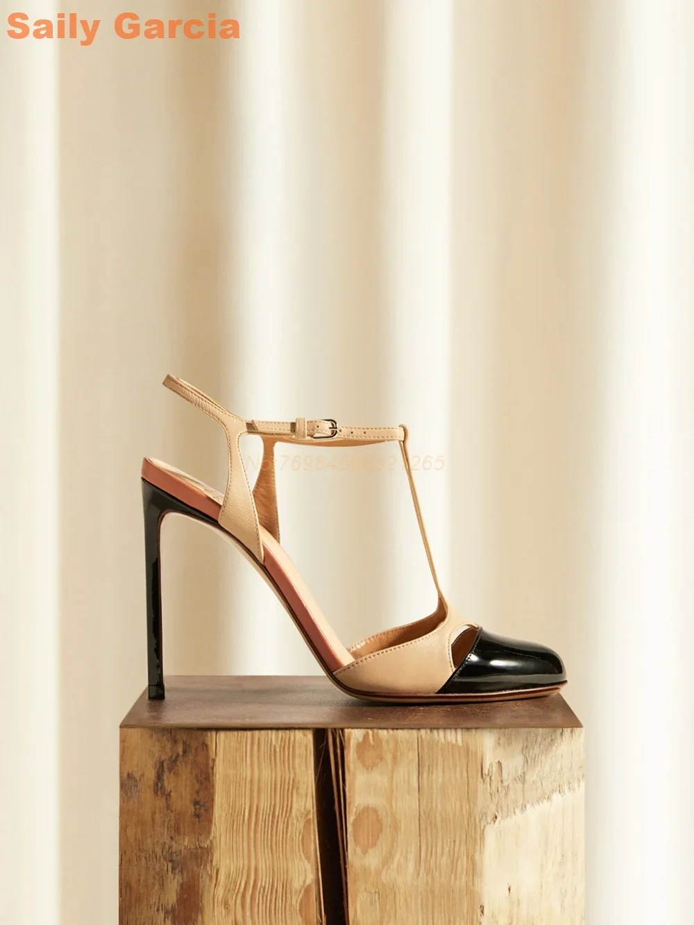 Mixed Color Sandals Splicing Buckle Strap T-strap Thin High Heel Women Shoes Elegant Summer Fashion Gold Daily Shoes Round Toe - Image 2