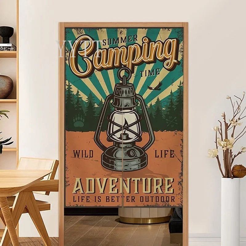 Camping Sign Door Curtain Retro Posters Printed Doorway Privacy Screen Partition Curtain Camper Home Bedroom Half-Curtain Gift