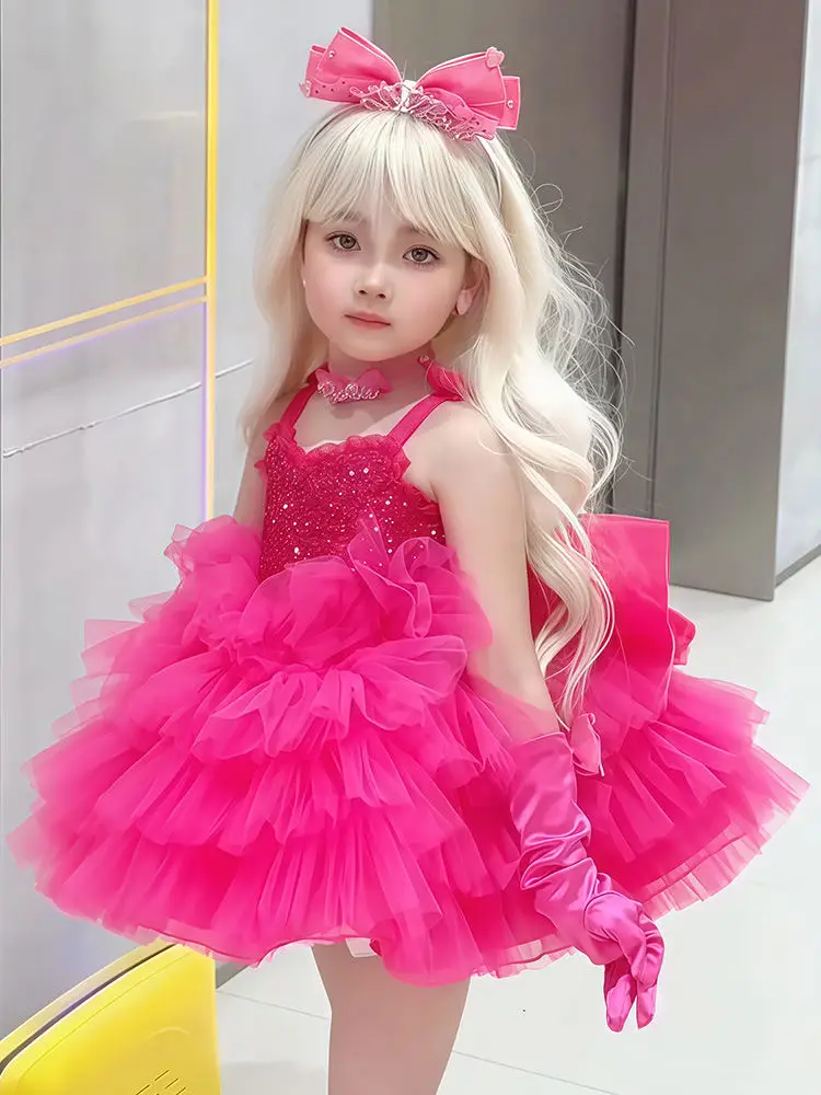 

Barbie Pink Tutu Dress 2025 Girls Princess Ball Gown Doll-like Lolita Party Cosplay Costume Summer Cartoon Gown for Girls