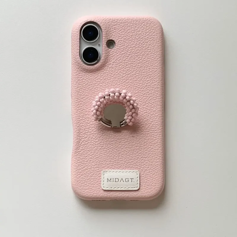 

Ins однотонный кожаный чехол с узором личи для IPhone 17, 16, 15, 14, 13 Pro Max, противоударный защитный кронштейн с бусинами и кольцом