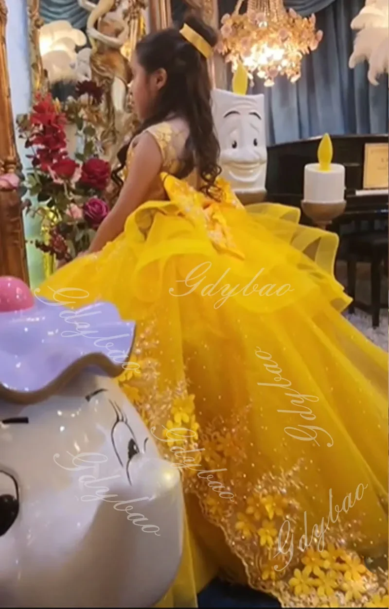 Abito da prima comunione giallo con strascico lungo per bambini, applique 3D, abito da ragazza di fiori da sposa, abiti da compleanno per spettacoli di tulle con perline