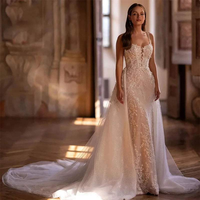 

Elegant Detachable Train Wedding Dress Organza With Embroidery Mermaid Ball Gown Sleeveless Square Collar Bride Dress Customized