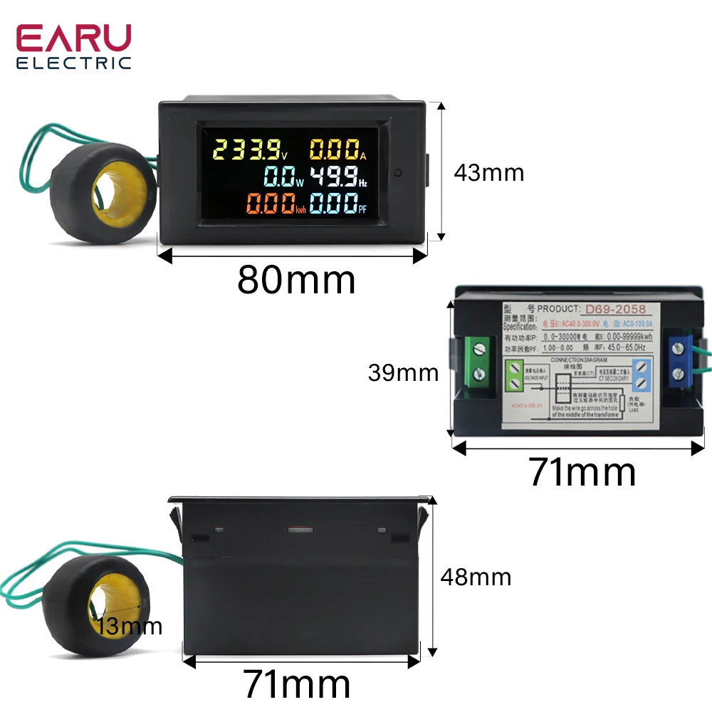 D69-2058 Voltmeter Current Ammeter Power Factor Electric Energy Frequency Meter Digital Panel Wattmeter VOLT AMP