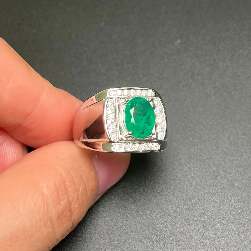 Luxury Silver Men Ring with Gemstone 7mm*9mm Man Made Emerald Color Gemstone Ring Solid 925 Silver Men Jewelry for Party