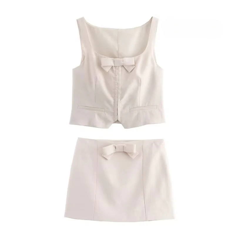 

TRAF ZR Bow Sets Summer Holiday Outfits Womens Set Two Pieces Sweet Elegant Casual Women's Set Basics Beige Mini Skirts Sets